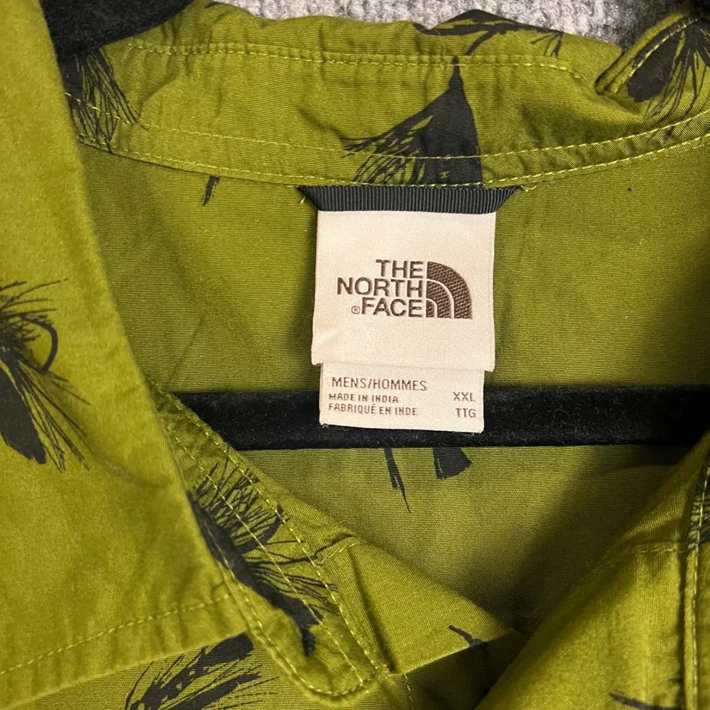 The North Face Button Up Shirt Mens XXL Green Excellent Fly Fishing Print Cotton